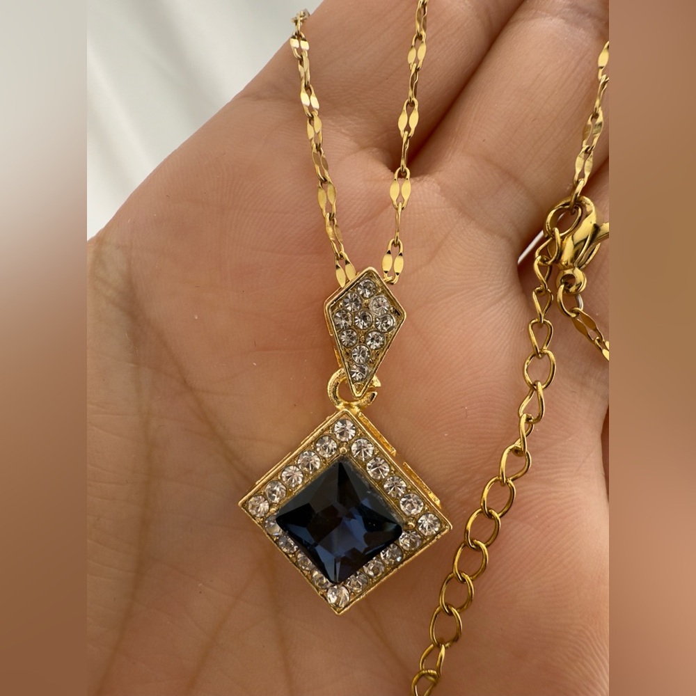 Anthropologie Vintage Square Gold and Blue Pendant Necklace - Picture 3 of 8